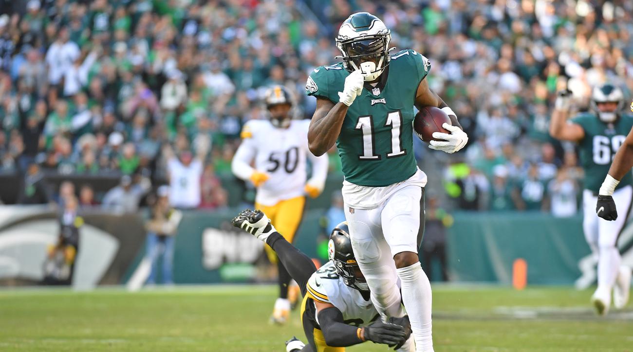 Oct 30, 2022; Philadelphia, Pennsylvania, USA; Philadelphia Eagles wide receiver A.J. Brown (11) is tackled by Pittsburgh Steelers safety Minkah Fitzpatrick (39) during the fourth quarter at Lincoln Financial Field.